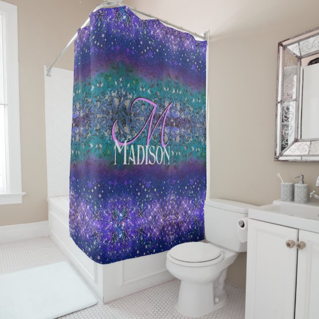 Cute purple turquoise ombre glitter monogram shower curtain (In Situ)