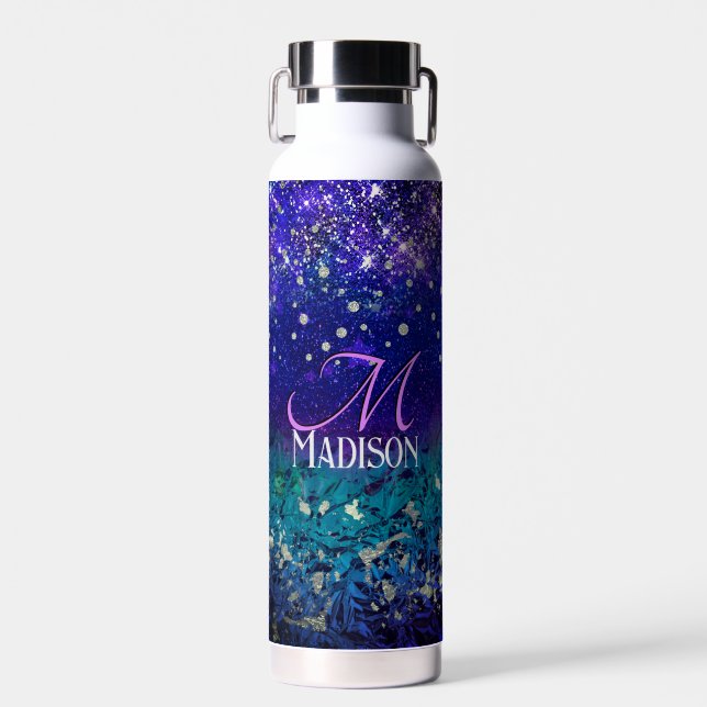 Cute purple turquoise ombre glitter monogram water bottle (Front)