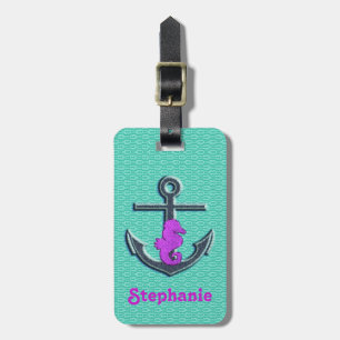 Cute Purple & Turquoise Seahorse Anchor Monogram Luggage Tag