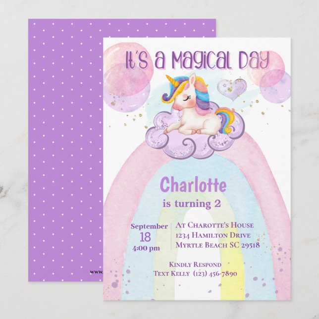 Cute Purple Unicorn 2nd Birthday Rainbow   Invitation (Front/Back)
