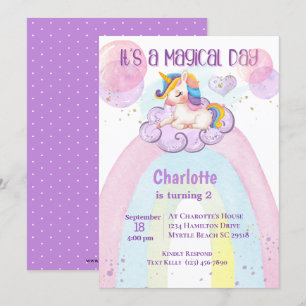 Cute Purple Unicorn 2nd Birthday Rainbow   Invitation