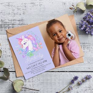 Cute Purple Unicorn All Ages Photo Kids Birthday Invitation