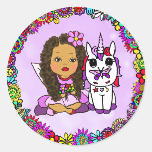 Cute Purple Unicorn and Fairy Floral border Classic Round Sticker
