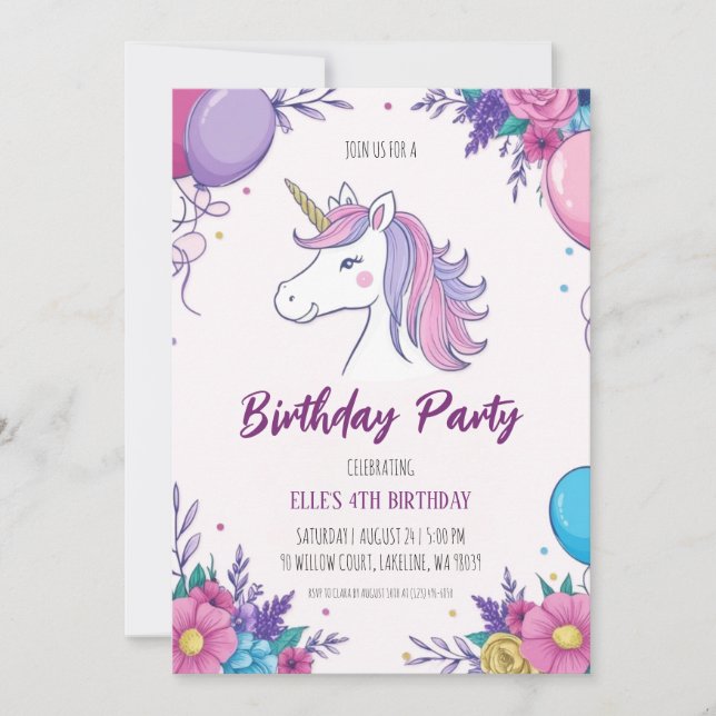cute purple unicorn birthday invitations (Front)