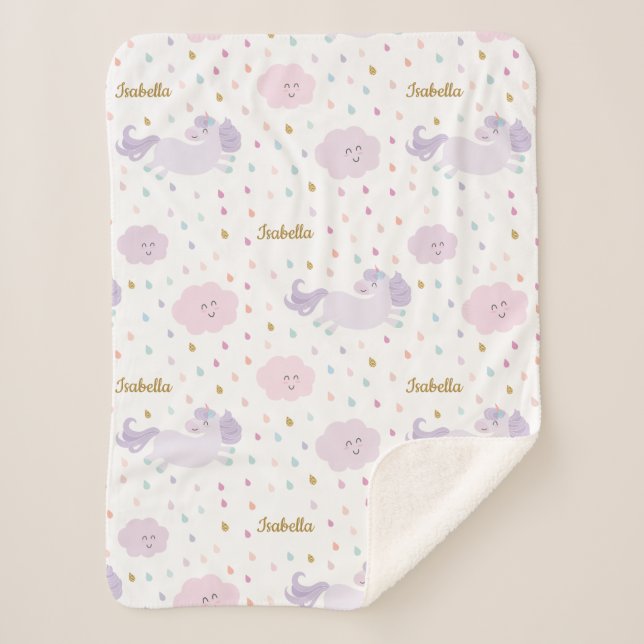 Cute Purple Unicorn Girl's Personalised Sherpa Blanket (Front)