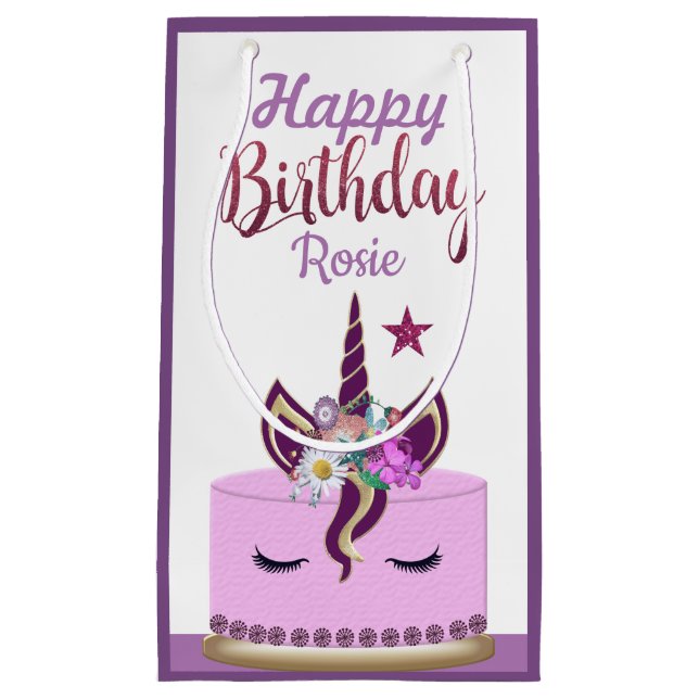 Cute Purple Unicorn Horn Birthday Cake Small Gift Bag (Front)