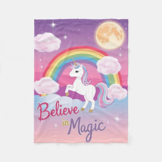 Cute Purple Unicorn in a Starry Sky Fleece Blanket (Front)