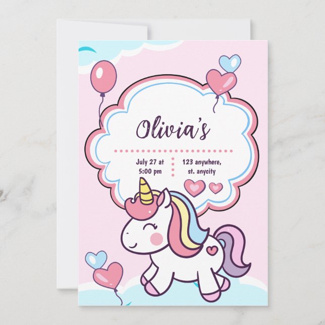Cute Purple Unicorn Kids Birthday Invitation (Front)