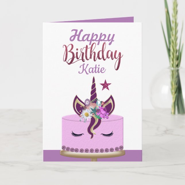 Cute Purple Unicorn Personalised Birthday Card (Front)