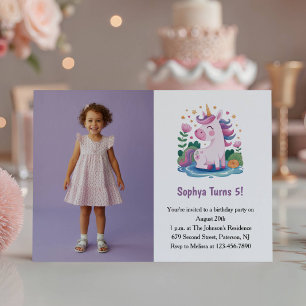 Cute Purple Unicorn Photo Kids Birthday Party Invitation