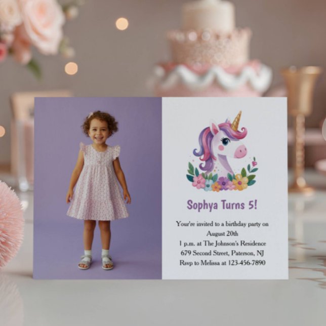 Cute Purple Unicorn Photo Kids Birthday Party Invitation (Creator Uploaded)