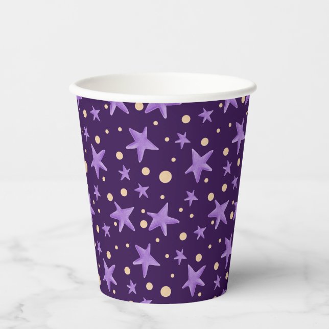 Cute Purple Violet Star Pattern Party Paper Cups (Front)