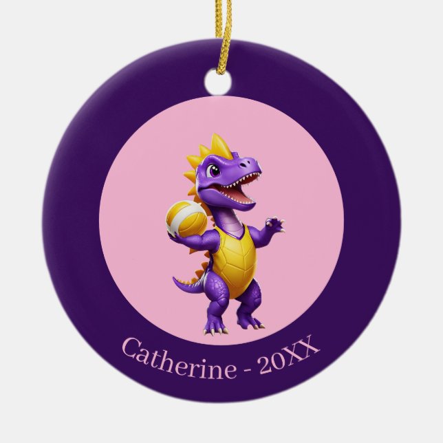 Cute purple volleyball dinosaur ceramic tree decoration (Front)
