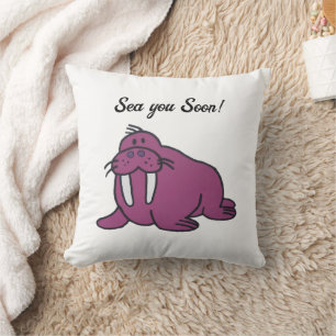 Cute Purple Walrus Cartoon, Friendly Ocean Nature Cushion