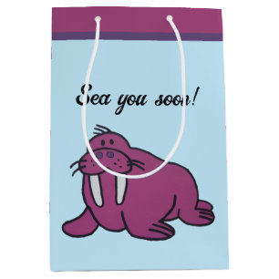 Cute Purple Walrus Cartoon, Friendly Ocean Nature Medium Gift Bag