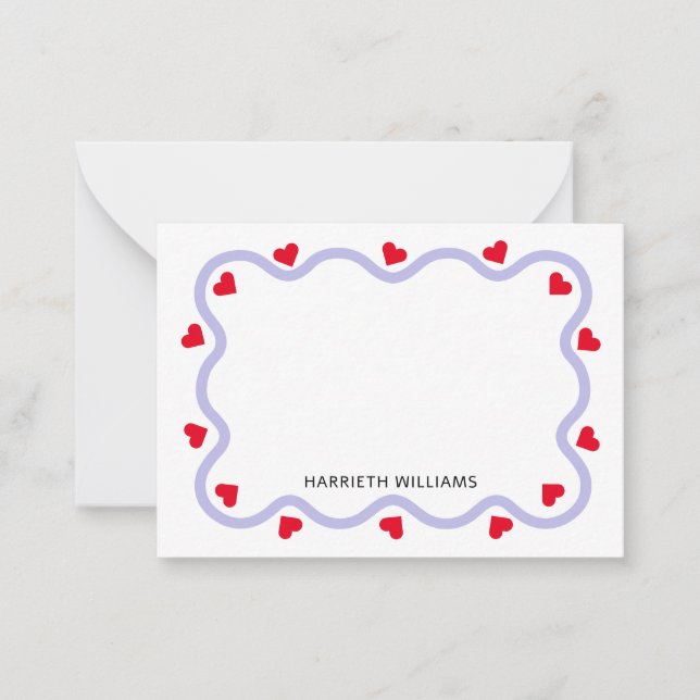 Cute Purple Wave Border and Red Heart Card (Front)