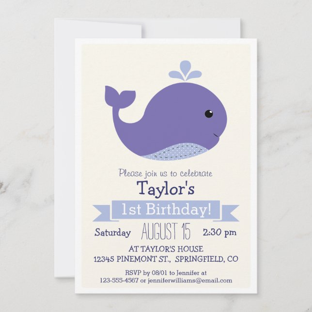 Cute Purple Whale Kid's Birthday Party Invitation (Front)