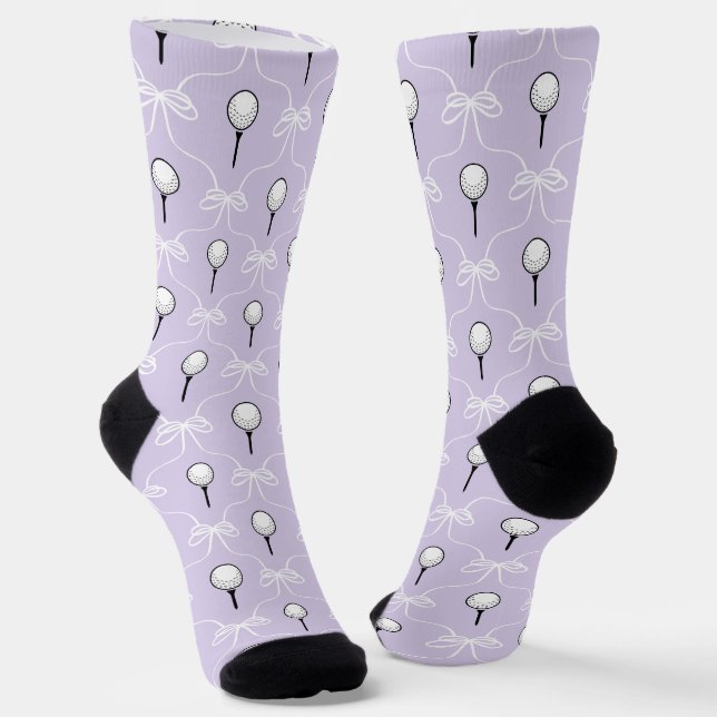 Cute Purple White Bow Golf Ball Pattern Socks (Angled)