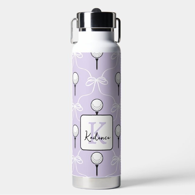 Cute Purple White Bow Golf Pattern Monogram  Water Bottle (Front)