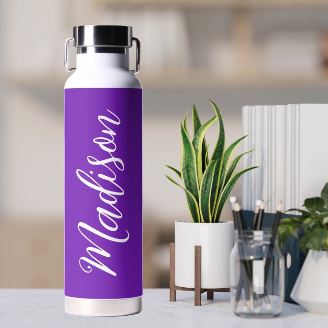 Cute Purple White Handwritten Script Custom Water Bottle (Creator Uploaded)