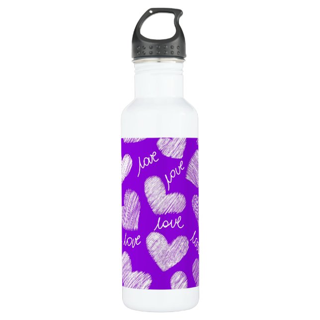 Cute Purple White Scribbled Heart with Love Script 710 Ml Water Bottle (Front)