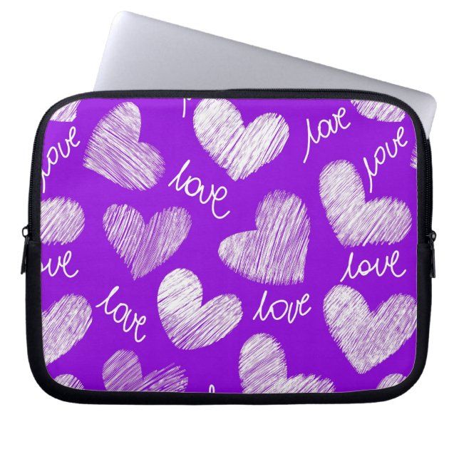Cute Purple White Scribbled Heart with Love Script Laptop Sleeve (Front)
