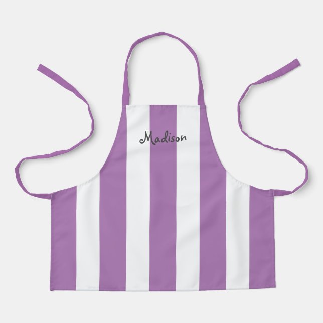 Cute Purple White Stripes Personalised Kids Apron (Front)