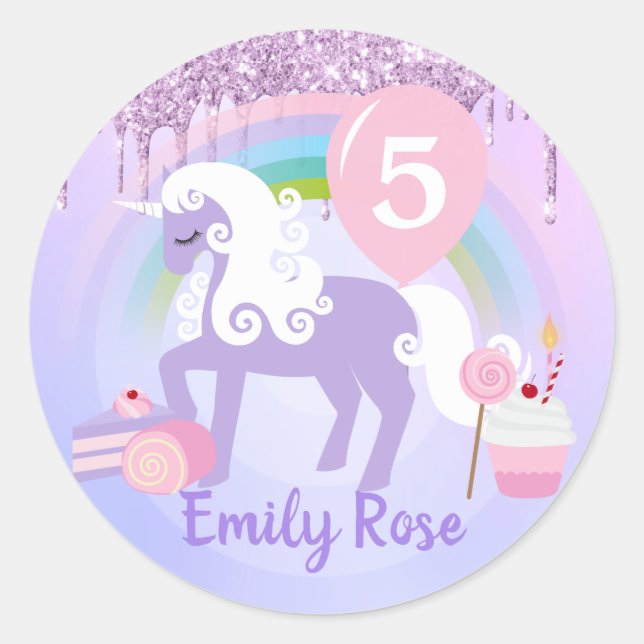 Cute Purple & White Unicorn Treats Birthday Classic Round Sticker (Front)
