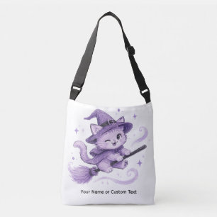 Cute Purple Witch Cat on Broomstick Halloween Crossbody Bag