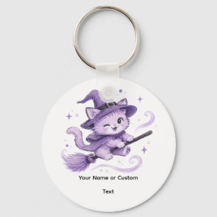 Cute Purple Witch Cat on Broomstick Halloween Key Ring