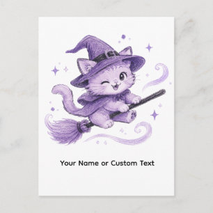 Cute Purple Witch Cat on Broomstick Halloween Postcard