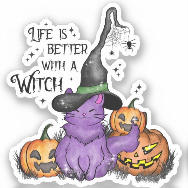 Cute Purple Witch Cat with Jack-O'-Lanterns (Front)