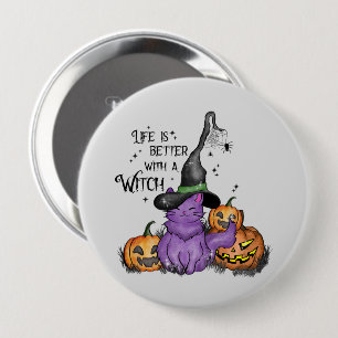 Cute Purple Witch Cat with Jack-O'-Lanterns 10 Cm Round Badge