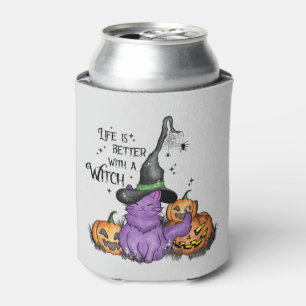 Cute Purple Witch Cat with Jack-O'-Lanterns Can Cooler