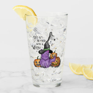 Cute Purple Witch Cat with Jack-O'-Lanterns Glass