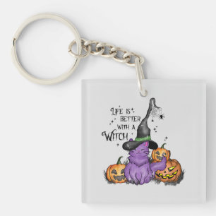 Cute Purple Witch Cat with Jack-O'-Lanterns Key Ring
