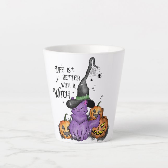 Cute Purple Witch Cat with Jack-O'-Lanterns Latte Mug (Front)