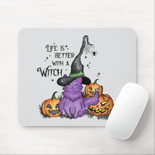 Cute Purple Witch Cat with Jack-O'-Lanterns Mouse Mat