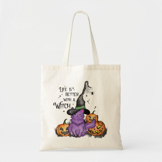 Cute Purple Witch Cat with Jack-O'-Lanterns Tote Bag (Front)