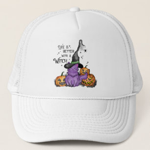 Cute Purple Witch Cat with Jack-O'-Lanterns Trucker Hat