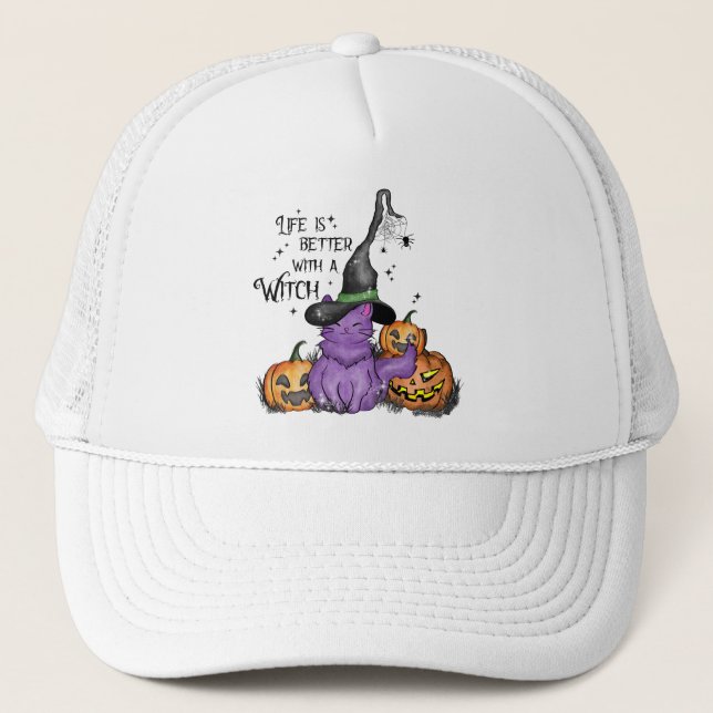 Cute Purple Witch Cat with Jack-O'-Lanterns Trucker Hat (Front)