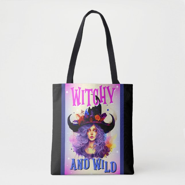 Cute Purple Witch Halloween Themed Tote Bag (Front)