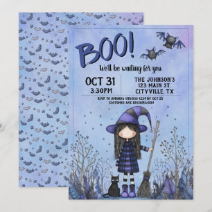 Cute Purple Witch Kids Halloween Invitation