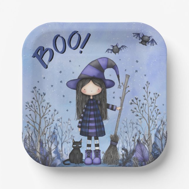Cute Purple Witch Kids Halloween Paper Plate (Front)