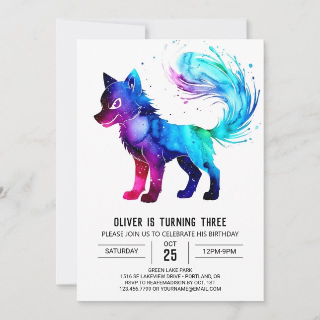 Cute Purple Wolf Digital Boy Birthday Invitation (Front)