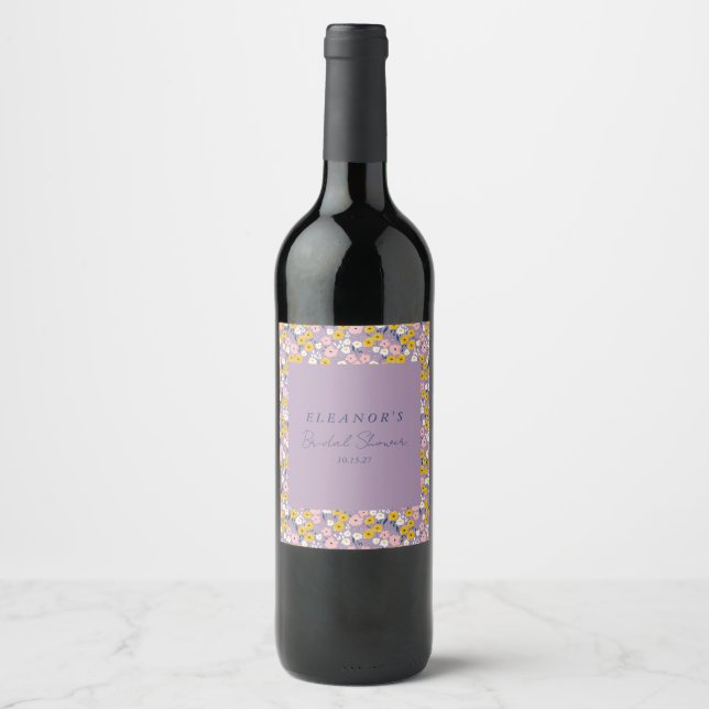 Cute Purple Yellow Floral Bridal Shower Custom Wine Label (Front)
