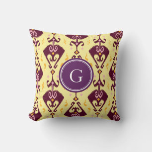 Cute purple yellow ikat tribal pattern monogram cushion