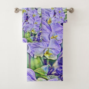 Cute purple yellow orchids flowers watercolor  bath towel set