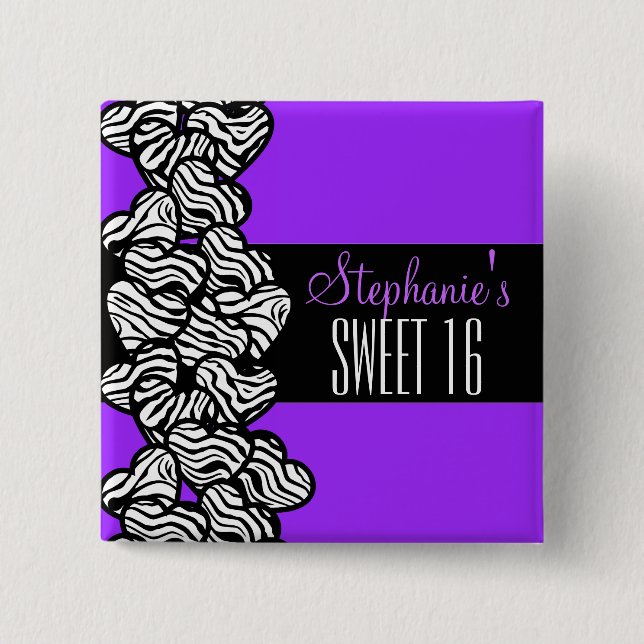 Cute Purple zebra heart Sweet 16 Birthday Button (Front)