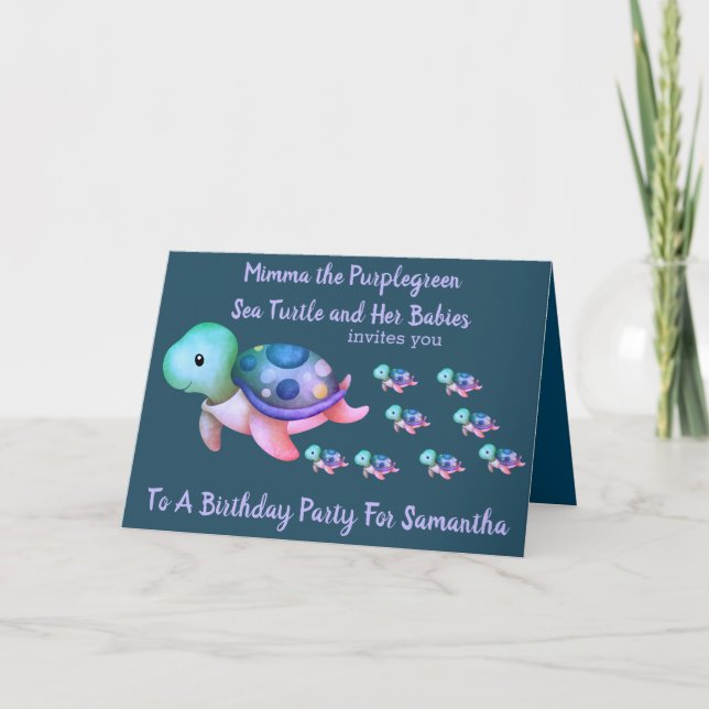 Cute Purplegreen Sea Turtle & Babies Birthday Announcement (Front)